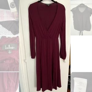 Burgundy long sleeve Mid length faux wrap dress S